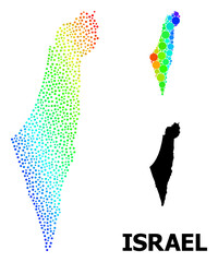 Pixel spectrum, and solid map of Israel, and black text. Vector structure is created from map of Israel with circles. Template is useful for political purposes. Bright gradiented map of Israel,