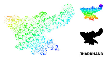 Pixelated bright spectral, and monochrome map of Jharkhand State, and black text. Vector model is created from map of Jharkhand State with spheres. Illustration designed for political posters.