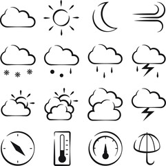 black and white inconsistent weather contour icons with burst, pressure and temperature signs