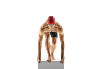 Strong. Caucasian professional sportsman, swimmer training isolated on white studio background. Muscular, sportive man practicing in water sport. Concept of action, motion, youth, healthy lifestyle. - Powered by Adobe
