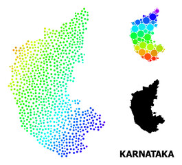 Obraz premium Dotted rainbow gradient, and monochrome map of Karnataka State, and black title. Vector structure is created from map of Karnataka State with round dots. Illustration designed for geographic ads.