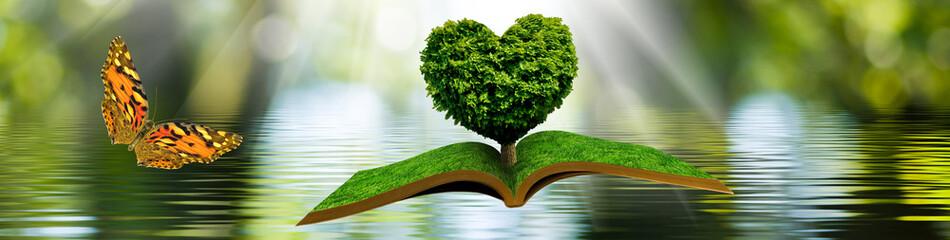 flying open book and a butterfly. Tree in the form of a stylized heart on a book on a background of...