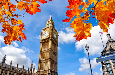 Fototapeta na wymiar Big Ben tower of Houses of Parliament in autumn, London, UK