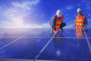 Electrical and instrument technician has relax while use wrench to maintenance electric system at solar panel field	