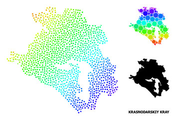 Obraz premium Pixel rainbow gradient, and monochrome map of Krasnodarskiy Kray, and black tag. Vector structure is created from map of Krasnodarskiy Kray with circles. Collage is useful for geographic aims.
