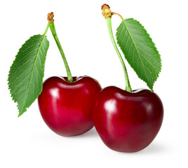 red cherry with green leaf isolated on white background. full depth of field. clipping path