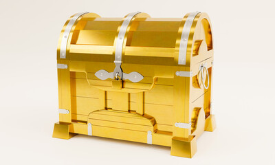 Empty golden vintage treasure chest. Isolated on white background and wallpaper. 3D Render.