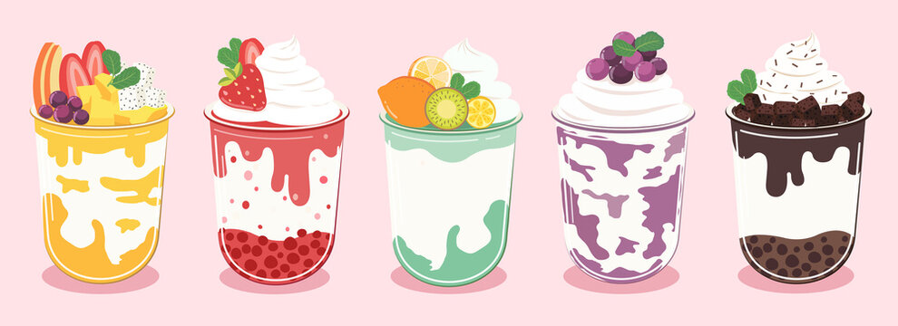 Set of flavored scented milk shake, smoothie. Bottle with straw. Fruits and berries. Vector illustration cartoon flat icon isolated on pink. © LADIE_PASTEL