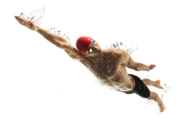 Energy. Caucasian professional sportsman, swimmer training isolated on white studio background. Muscular, sportive man practicing in water sport. Concept of action, motion, youth, healthy lifestyle.