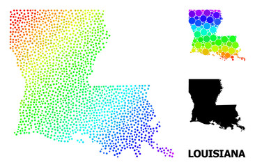 Dot rainbow gradient, and monochrome map of Louisiana State, and black name. Vector model is created from map of Louisiana State with spheres. Collage is useful for political aims.