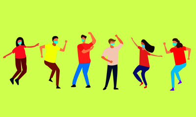 Fototapeta premium happy dancing men and women wearing mask and maintaining social distance