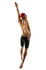 Energy. Caucasian professional sportsman, swimmer training isolated on white studio background....