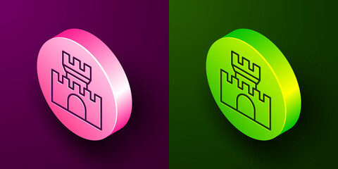 Isometric line Castle icon isolated on purple and green background. Medieval fortress with a tower. Protection from enemies. Reliability and defense of the city. Circle button. Vector.