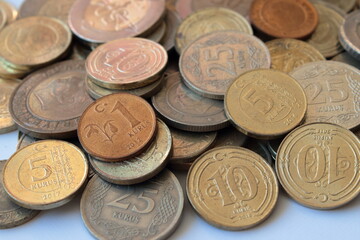 Turkish coins on a white background. Turkish lira.