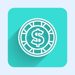 White line Casino chip with dollar symbol icon isolated with long shadow. Casino gambling. Green square button. Vector.