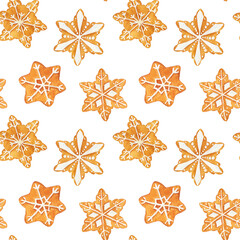 Seamless pattern with watercolor christmas gingerbread cookies isolated on white background.