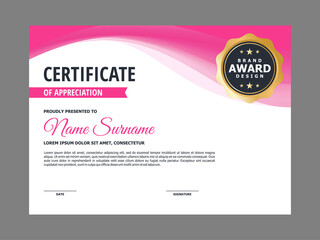 Abstract Smooth Certificate with Pink Wavy Element Design, Professional Modern Certificate with Golden Badge Template Vector