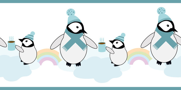 Cute Kawaii penguin baby vector border. Banner with pairs of cartoon emperor chicks in a row wearing hats, scarves, sharing a hot drink in a cup. With clouds and pastel rainbows. For edging, ribbon