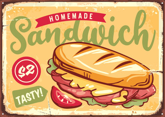 Sandwich sign. Retro poster template with tasty snack. Fast food menu vector design.