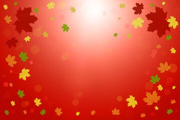 Beautiful bright autumn background with falling maple leaves and bokeh lights. Copy space.