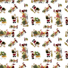 Naklejka premium A seamless pattern, Santa Claus with baskets full of Christmas and New Year decor.