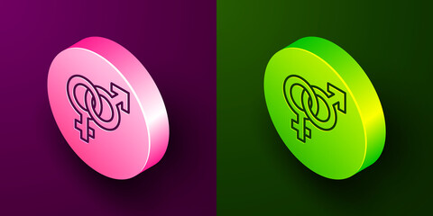 Isometric line Gender icon isolated on purple and green background. Symbols of men and women. Sex symbol. Circle button. Vector.