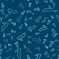 Fototapeta premium Green line Woman shoe with high heel icon isolated seamless pattern on blue background. Vector.