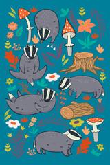 Set of badgers and forest details. Vector graphics.
