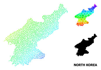 Pixelated rainbow gradient, and monochrome map of North Korea, and black caption. Vector model is created from map of North Korea with round dots. Abstraction is useful for geographic posters.
