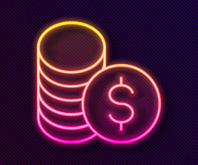 Glowing neon line Coin money with dollar symbol icon isolated on black background. Banking currency sign. Cash symbol. Vector.
