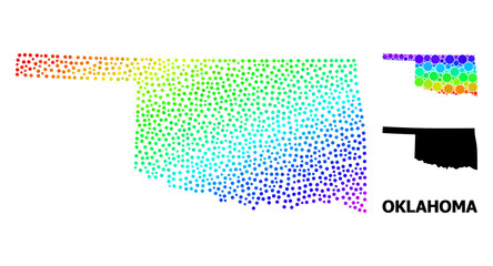 Pixelated spectral, and monochrome map of Oklahoma State, and black name. Vector model is created from map of Oklahoma State with spheres. Illustration is useful for geographic ads.