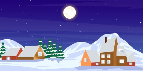 Naklejka premium Winter season night illustration with moon,trees,snowfall houses and mountains