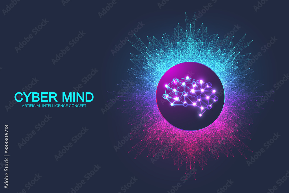 Poster Cyber mind and Artificial Intelligence concept. Neural networks and another modern technologies concept. Brain Analysis. Futuristic cyber humanoid brain. Big Data stream. Technology vector brain