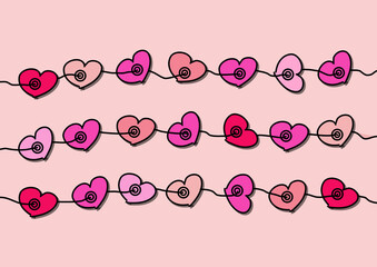 Multicolored heart icons threaded on a line, hand drawn, cartoon style, pink background