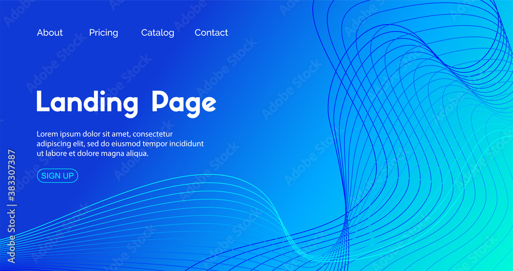 Poster blue landing page vector template. abstract dynamic wavy line minimal trendy background