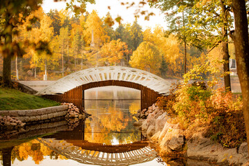 Chinese style bridge illuminated by the sun on a background of autumn trees