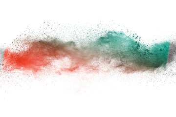 Explosion of colored powder isolated on white background. 