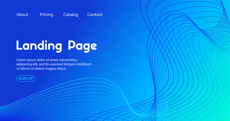 Fotobehang Blue landing page vector template. Abstract dynamic wavy line minimal trendy background © Artulina