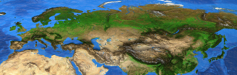 Map of Europe and Asia. Detailed flat satellite view of the Earth and its landforms, in summer....