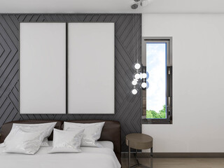 poster mock up with two vertical frames on the wall in bedroom interior,3D rendering