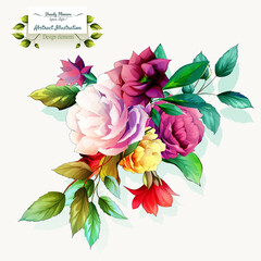 Peony bud flowers on white. Illustration of bouquet with leaves around for fabric, textile and other prints. Abstract, watercolor. Hand drawn. Vector - stock.
