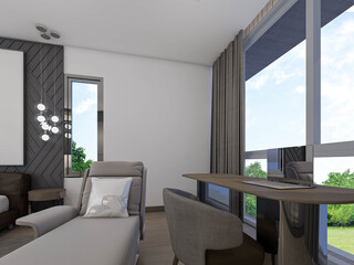 Wooden working corner with garden view,3d rendering