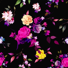 Seamless background pattern with abstract, peony flowers, leaves on black. Hand drawn art work. Vector - stock.