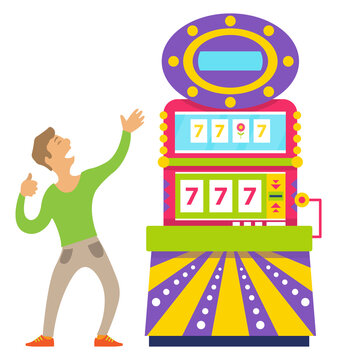Man gamer with rising hands, happy person winning, game machine with 777 icons. Gambling colorful computer, male player, casino joystick vector
