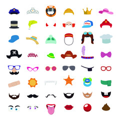 Gafas, gorros, sombreros y complementos para carnaval o photocall divertido. Pegatinas divertidas en vector sobre fondo blanco.
