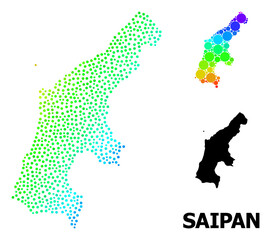 Obraz premium Pixel spectrum, and monochrome map of Saipan Island, and black tag. Vector structure is created from map of Saipan Island with circles. Collage is useful for geographic templates.