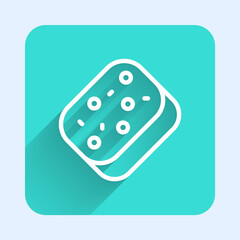 White line Sponge with bubbles icon isolated with long shadow. Wisp of bast for washing dishes. Cleaning service logo. Green square button. Vector.