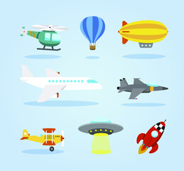 Set of planes and other flying vehicles. Airliner, plane, helicopter, blimp, fighter bomber, UFO, Space rocket. Vector illustration in Cartoon style, for kids