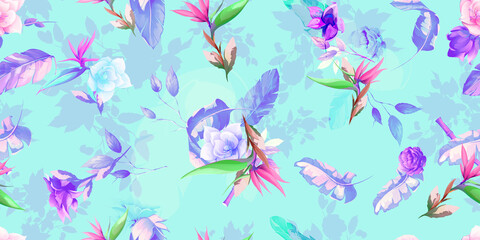 Obraz na płótnie Canvas Wide vintage seamless background pattern. Tropical leaves, wild flowers on light blue. Abstract, hand drawn, vector - stock.