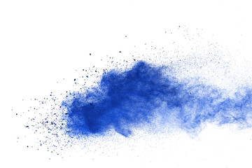 Blue powder particle splash isolated on white  background.